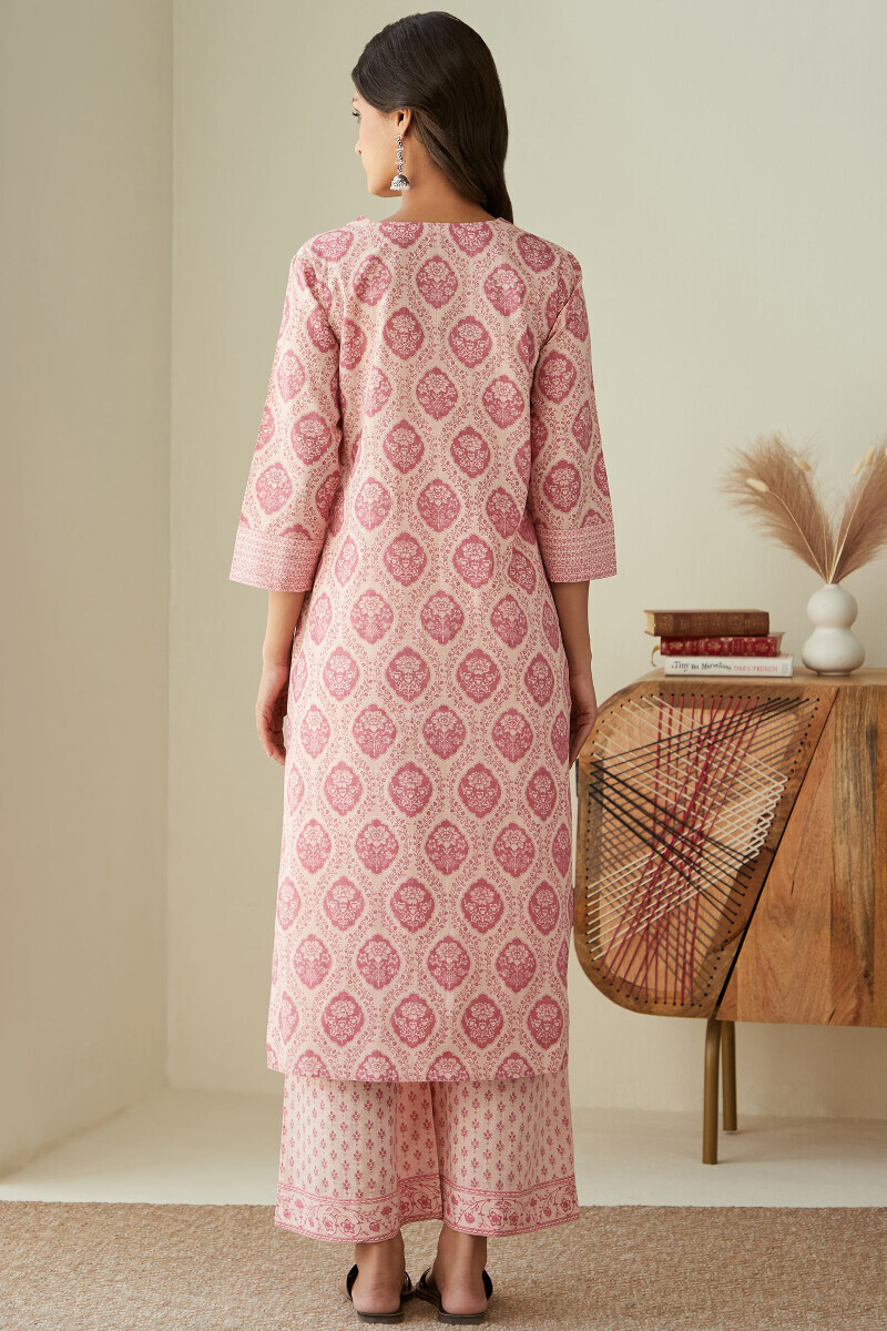 Pink Hand Printed Straight Cotton Slub Kurta