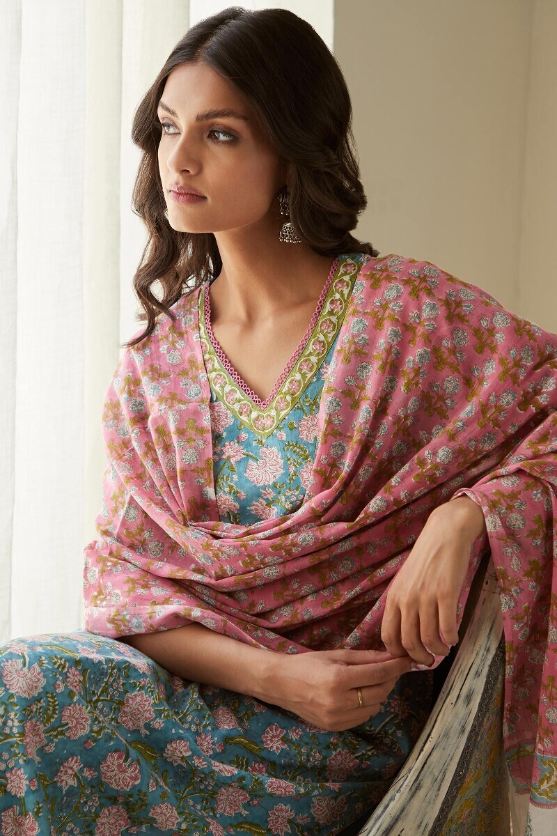 Blue Hand Block-Printed Straight Cotton Kurta