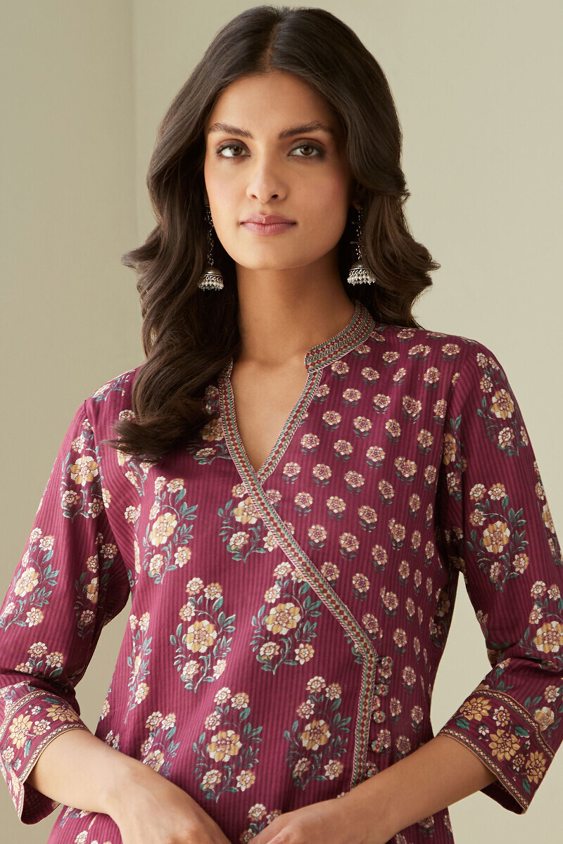 Red Hand Printed Angrakha Cotton Dobby Kurta