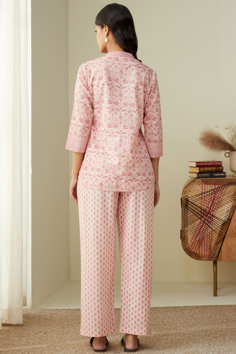 Pink Hand Printed Cotton Slub Loungewear Set