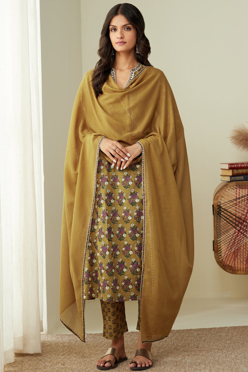 Mustard Hand Printed Angrakha Cotton Dobby Kurta