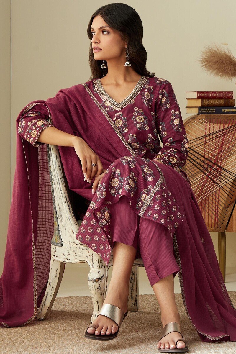 Red Hand Printed Straight Cotton Dobby Kurta