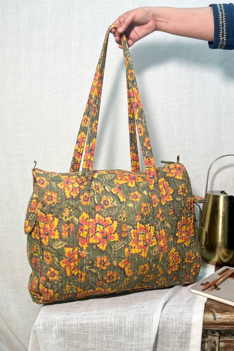 Green Hand Block-Printed Cotton Duffel Bag