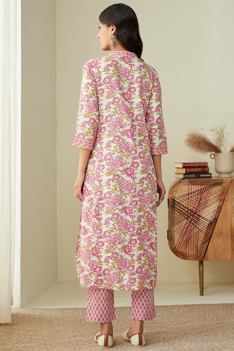White Hand Printed Straight Cotton Kurta
