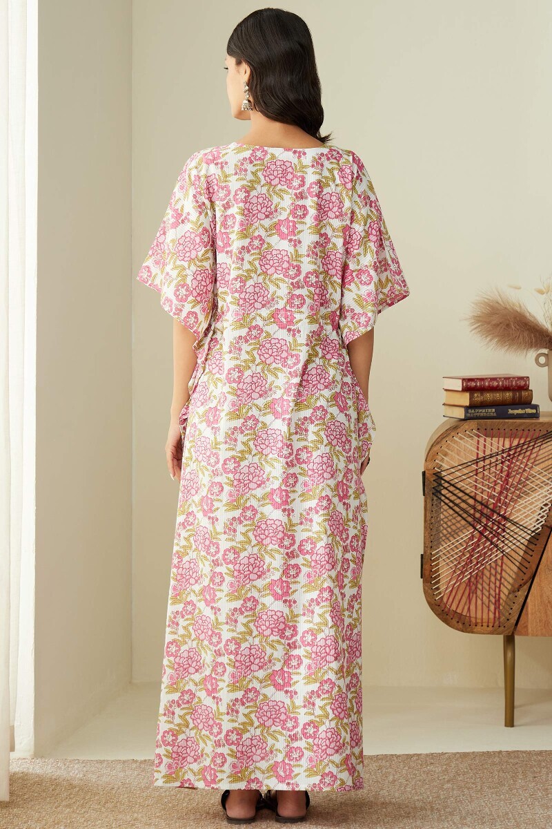 White Hand Printed Cotton Dobby Kaftan