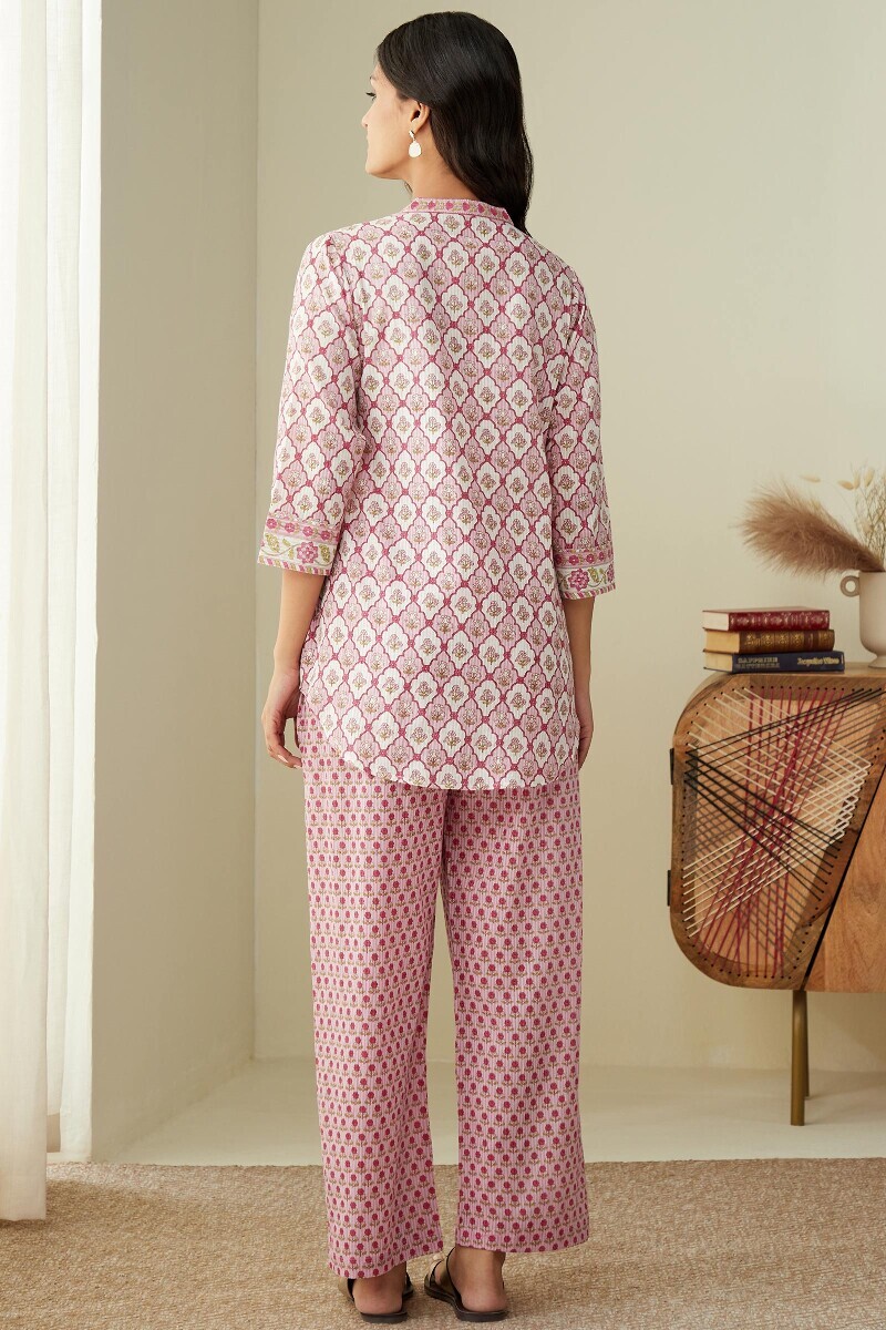 White Hand Printed Straight Cotton Dobby Loungewear Set