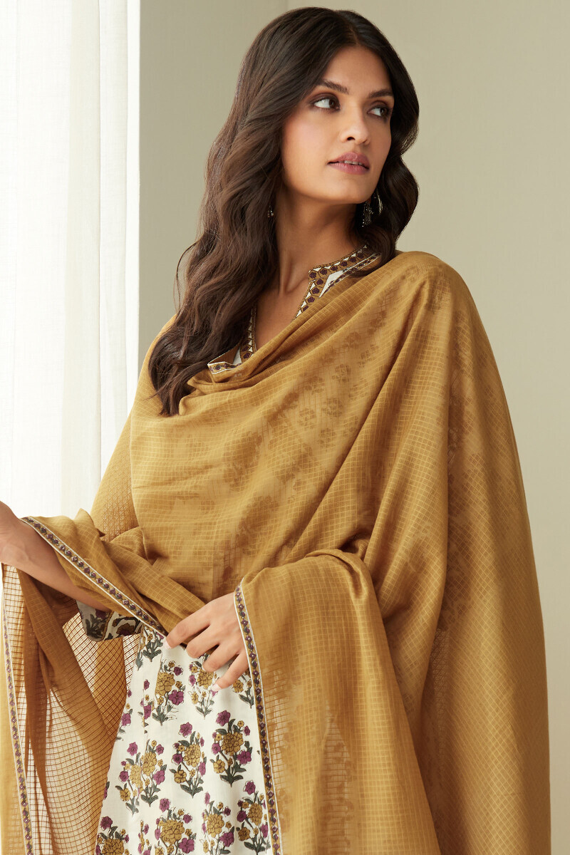 Cream Hand Printed Angrakha Cotton Kurta