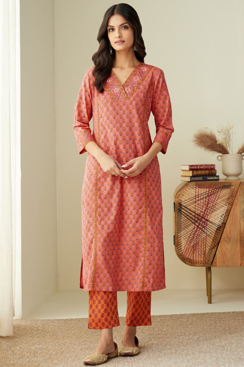 Pink Hand Printed Straight Cotton Kurta