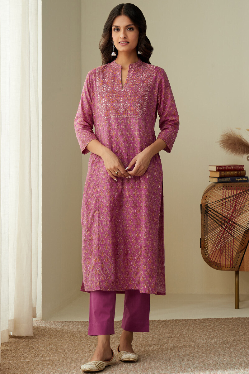 Purple Hand Block-Printed Straight Cotton Kurta