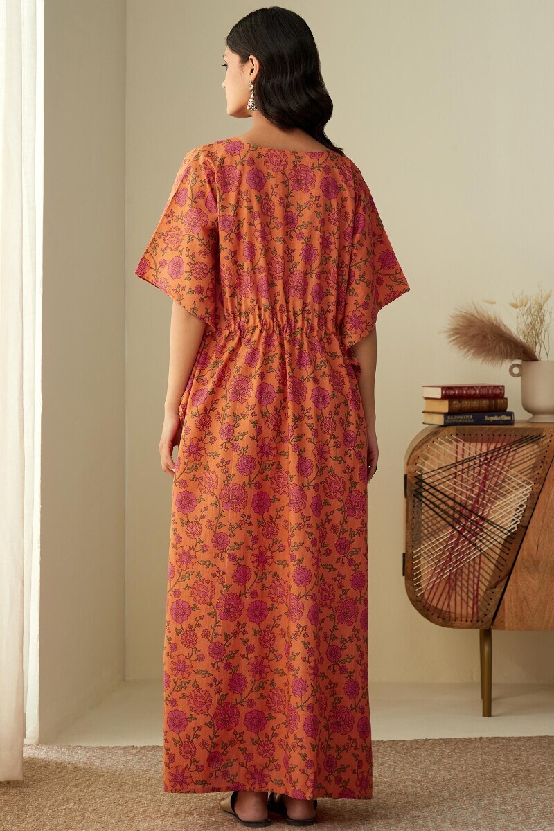 Orange Hand Printed Cotton Mul Kaftan