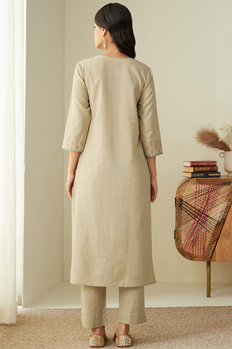 Beige Handcrafted Straight Cotton Flax Kurta
