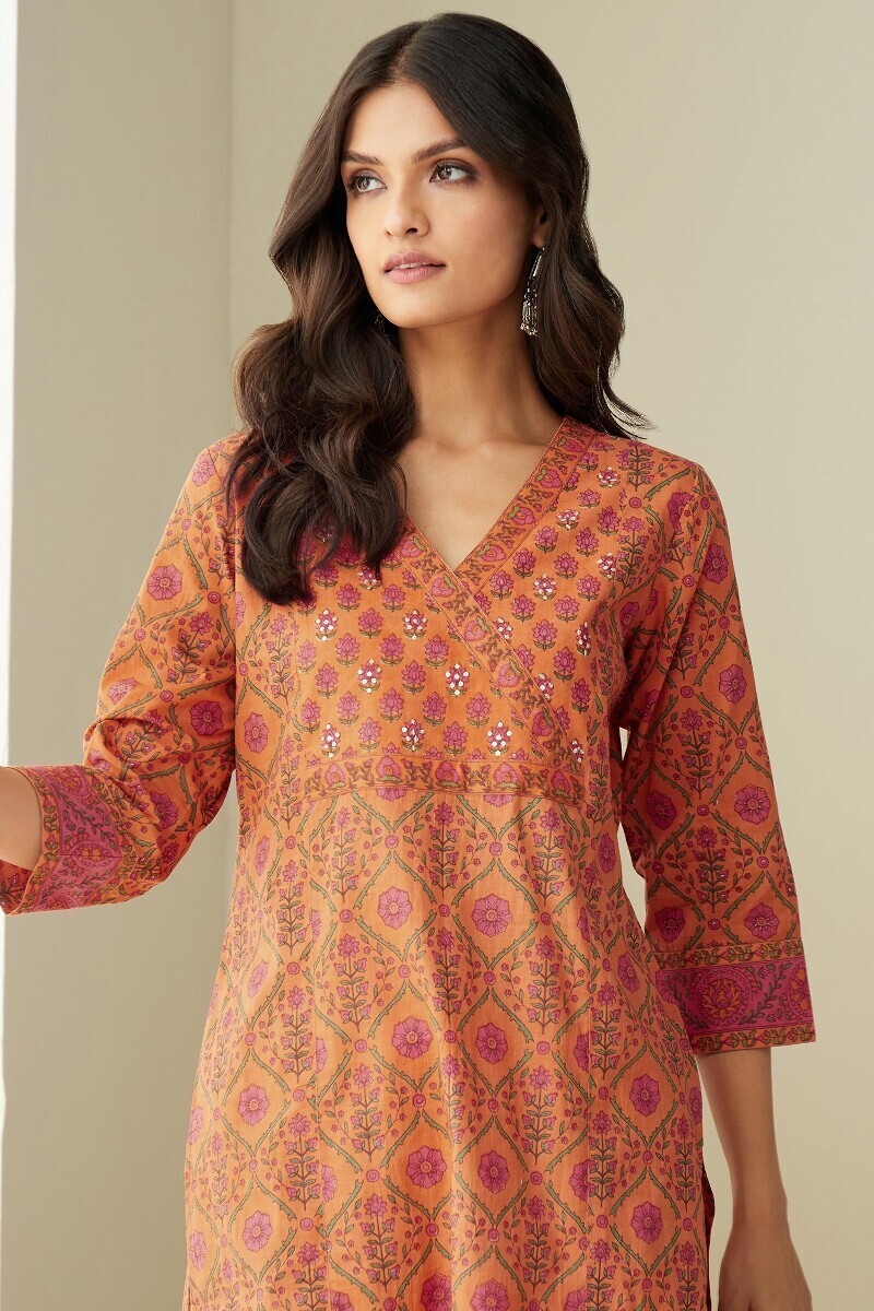 Orange Hand Printed Straight Cotton Kurta