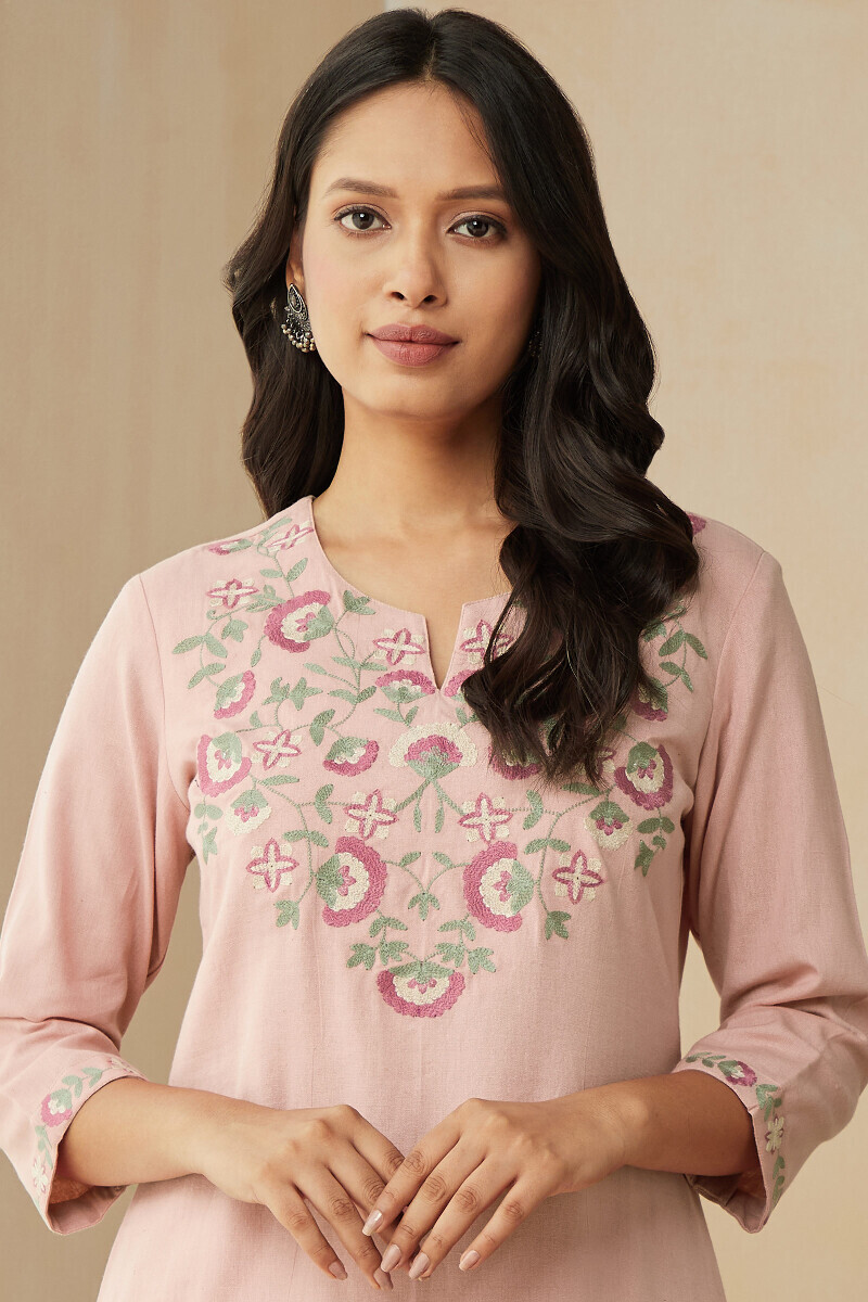 Pink Handcrafted Straight Cotton Flax Kurta