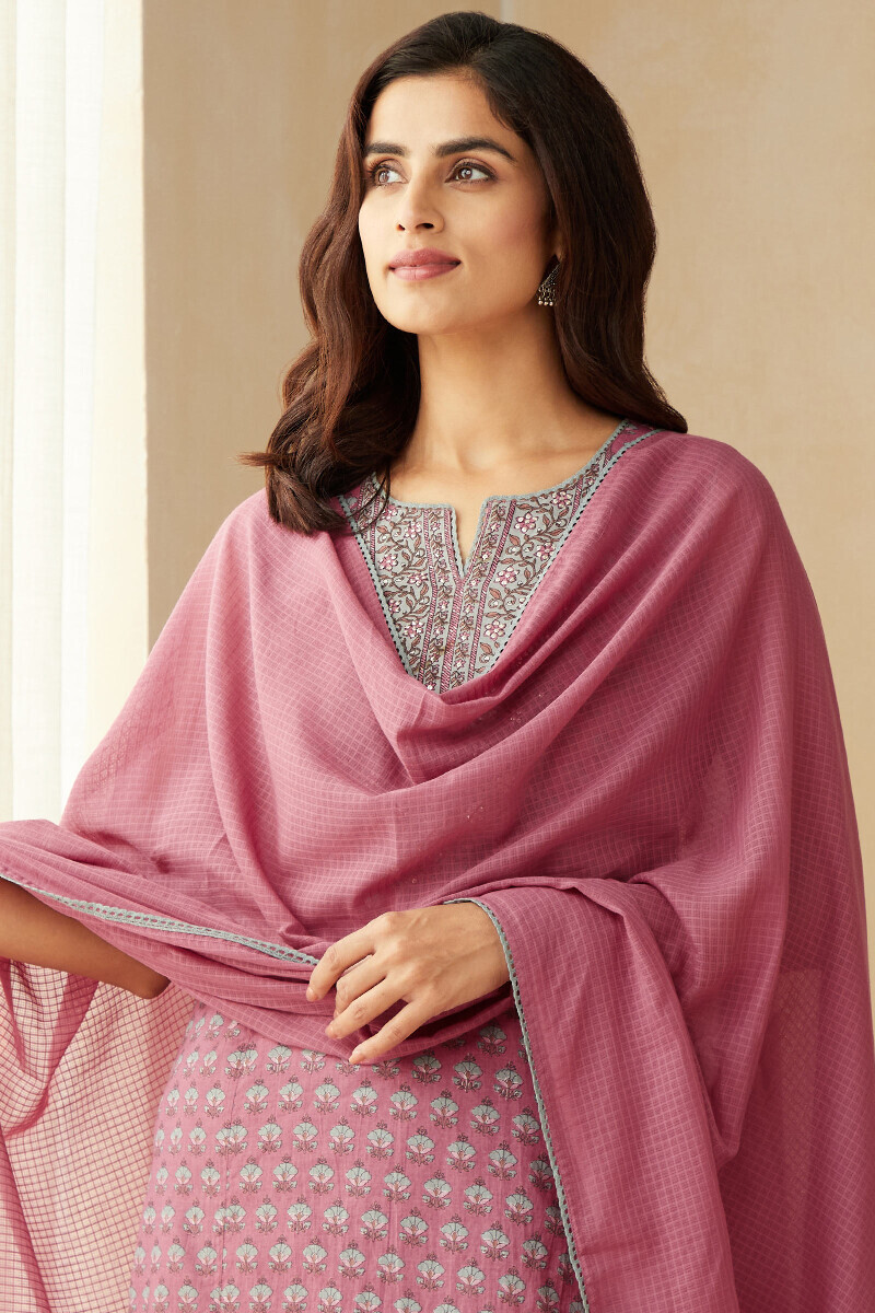 Pink Hand Printed Straight Cotton Kurta