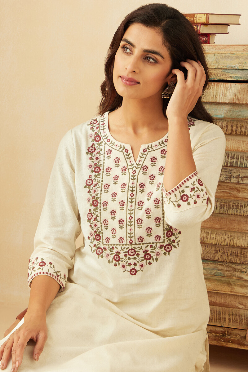 Off-White Handcrafted Straight Cotton Flax Kurta