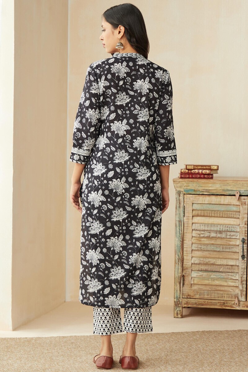 Blue Hand Printed Straight Cotton Kurta