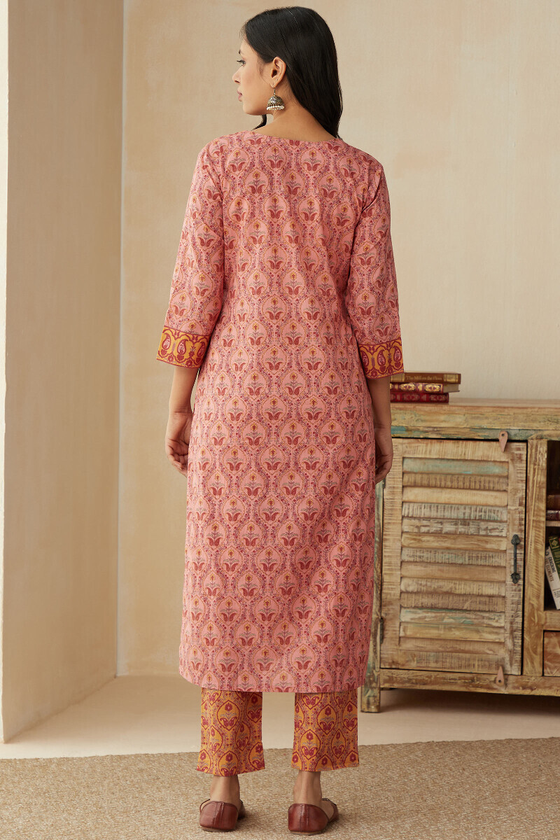 Pink Hand Printed Straight Cotton Kurta