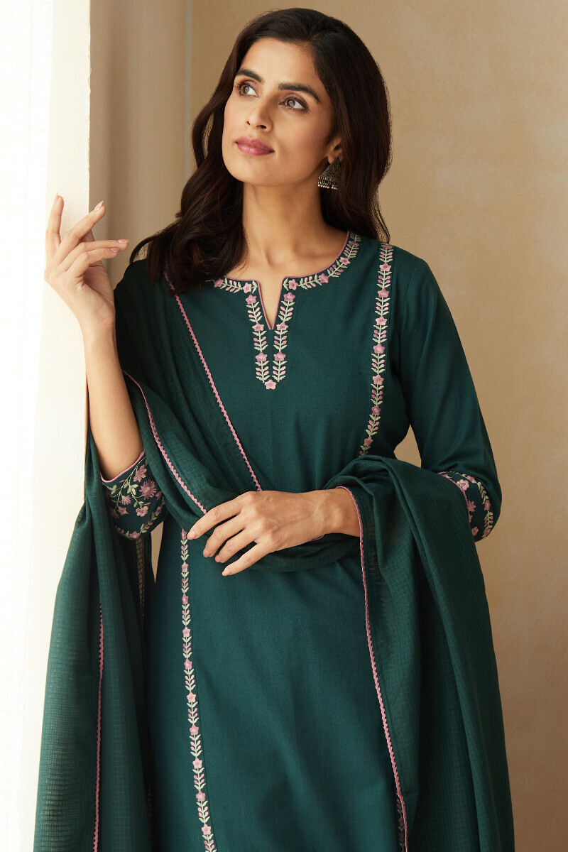 Green Handcrafted Straight Cotton Flax Kurta