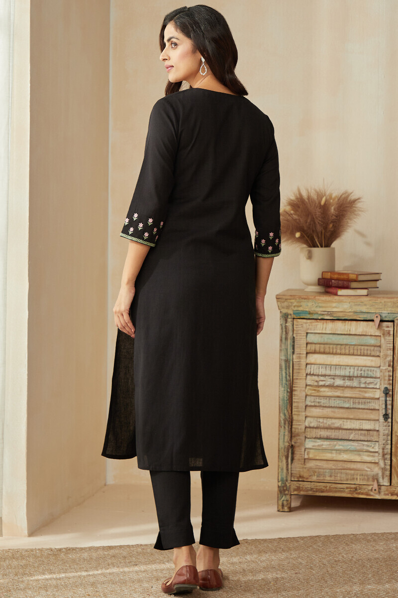 Black Handcrafted Straight Cotton Flax Kurta