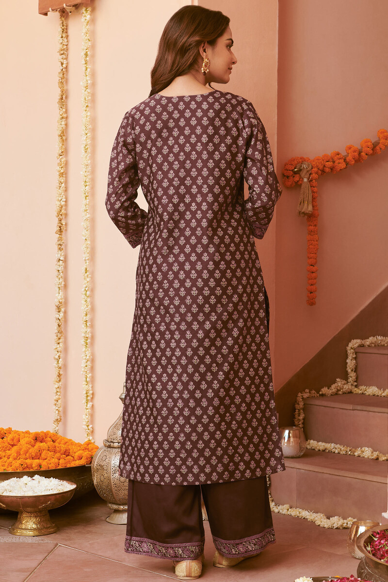 Brown Hand Block-Printed Straight Chanderi Kurta