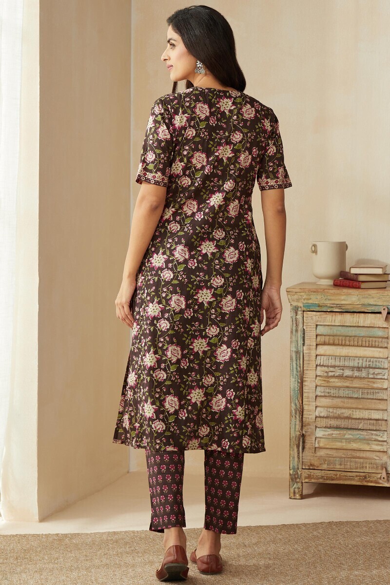 Brown Hand Printed Straight Cotton Kurta