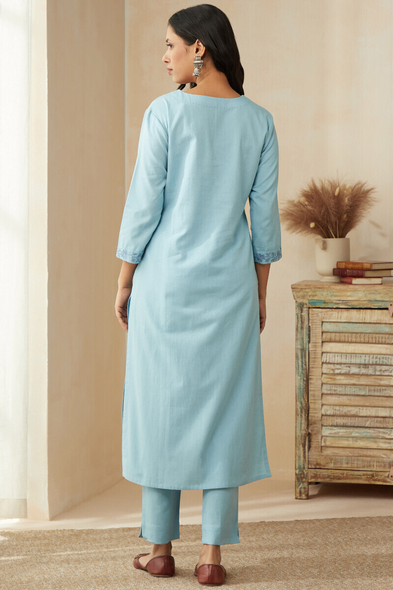 Blue Handcrafted Straight Cotton Flax Kurta