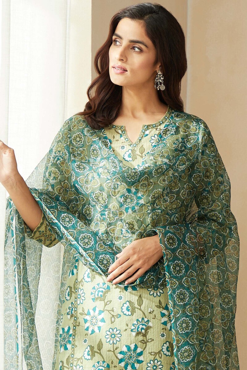 Green Hand Printed Straight Cotton Dobby Kurta