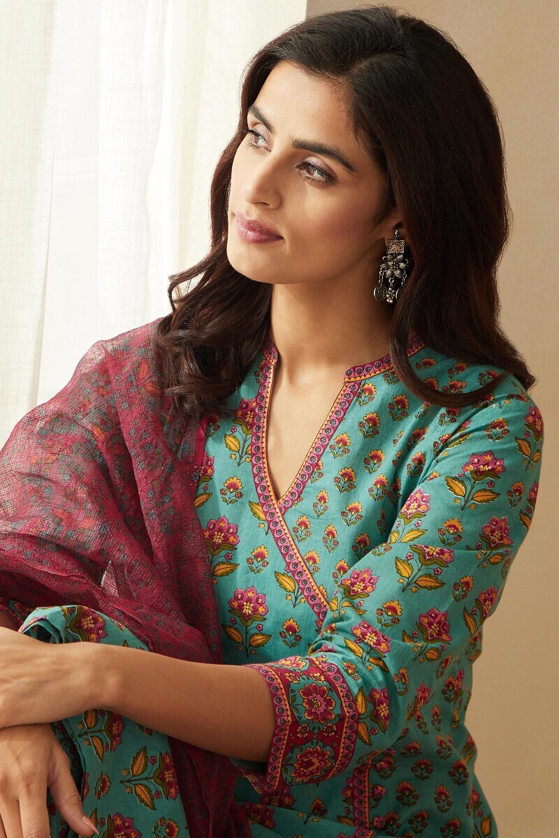 Blue Hand Printed Angrakha Cotton Kurta