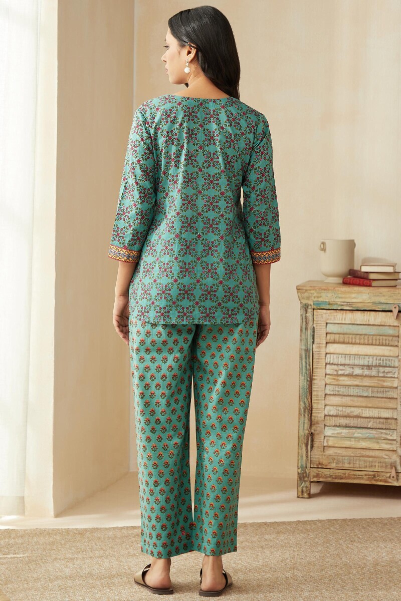 Blue Hand Printed Cotton Loungewear Set