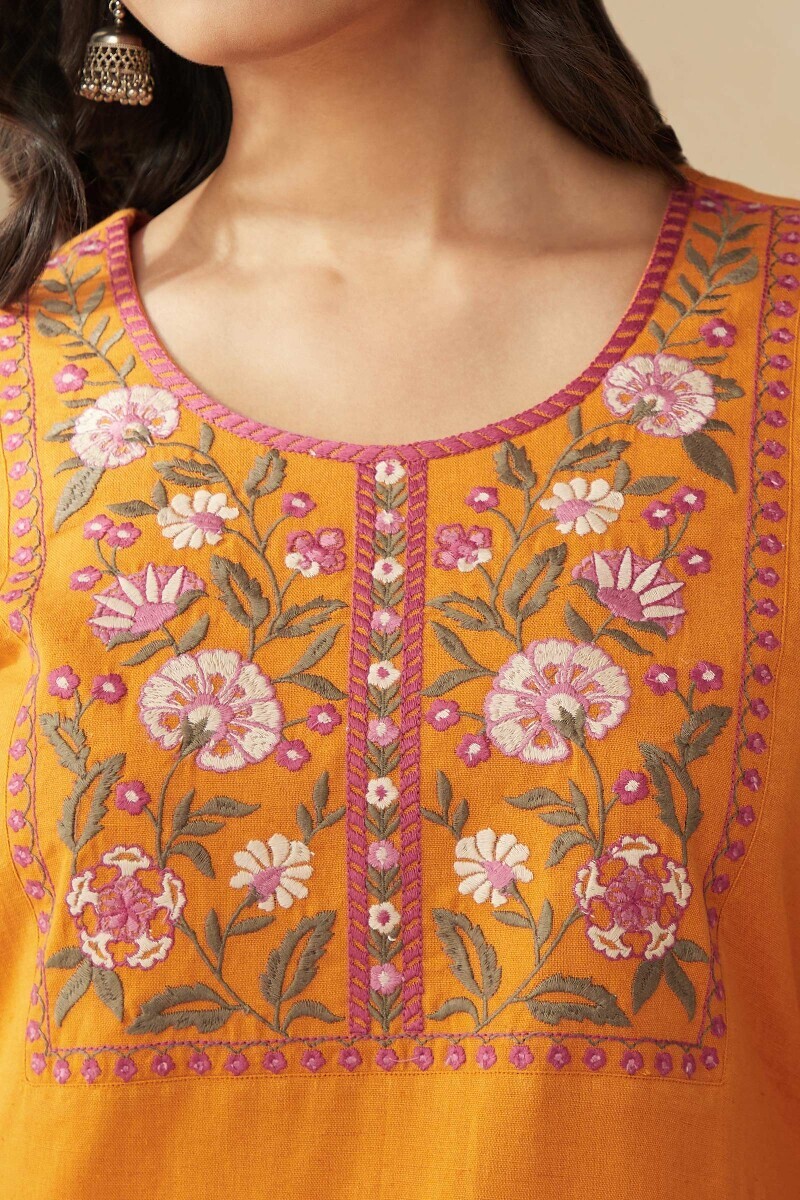 Mustard Handcrafted Straight Cotton Flax Kurta