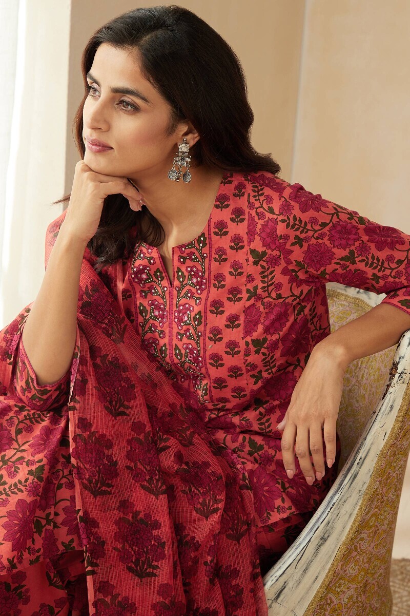 Orange Hand Printed Straight Cotton Kurta
