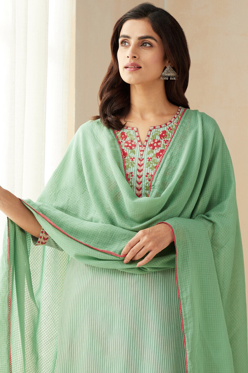 Green Handcrafted Straight Cotton Kurta