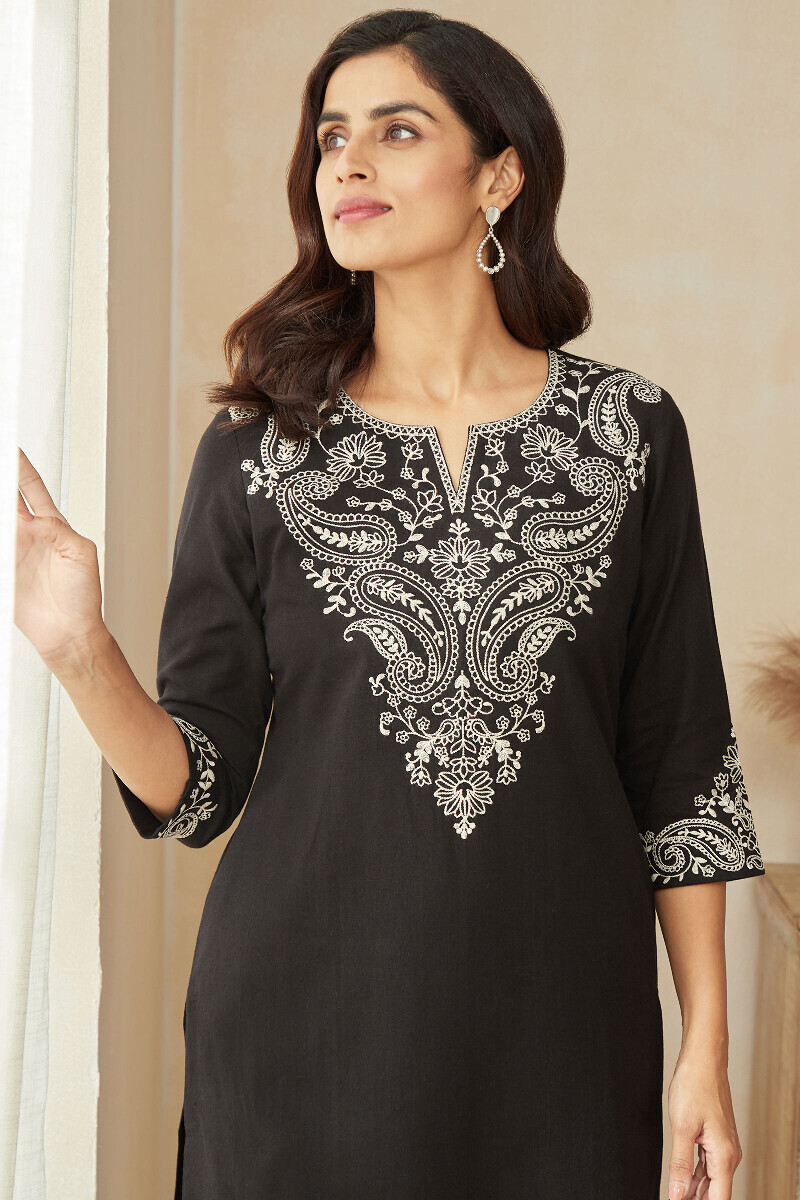 Black Handcrafted Straight Cotton Flax Kurta