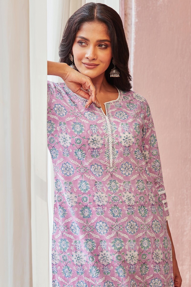 Purple Hand Block-Printed Straight Cotton Kurta