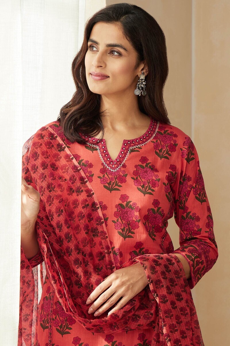 Orange Hand Printed Straight Cotton Kurta