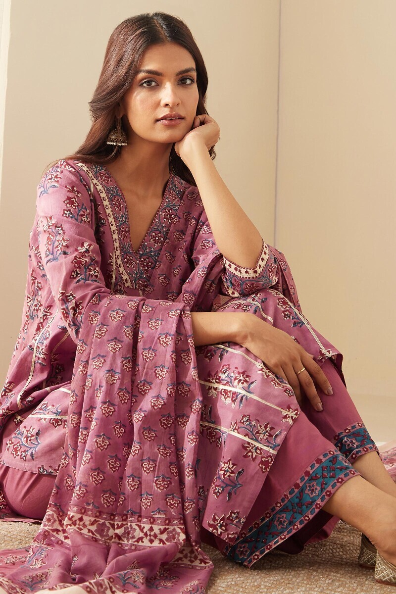 Purple Hand Block-Printed Straight Cotton Kurta