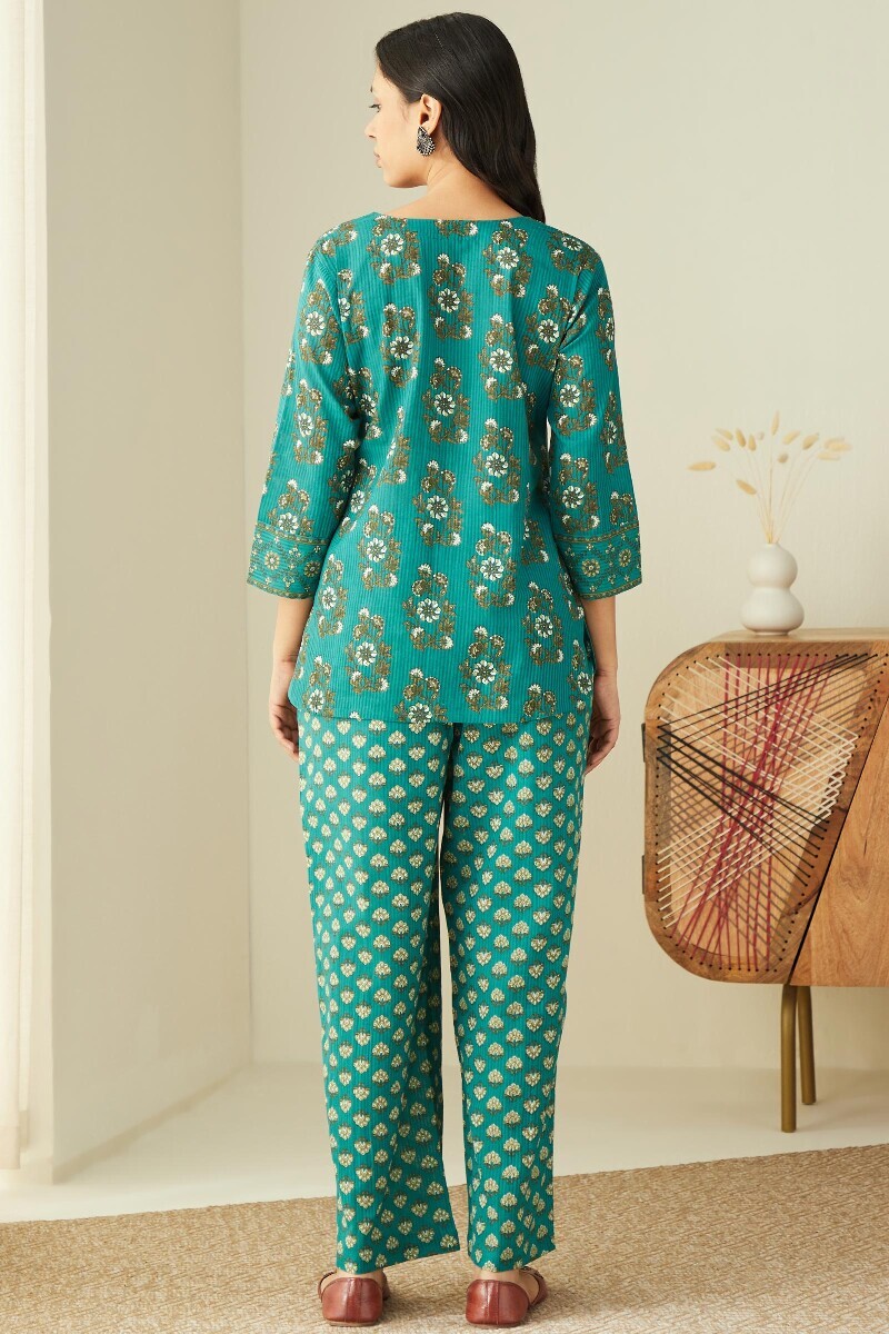 Teal Hand Printed Cotton Dobby Loungewear Set