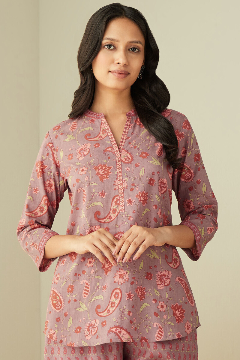Mauve Hand Printed Cotton Loungewear Set