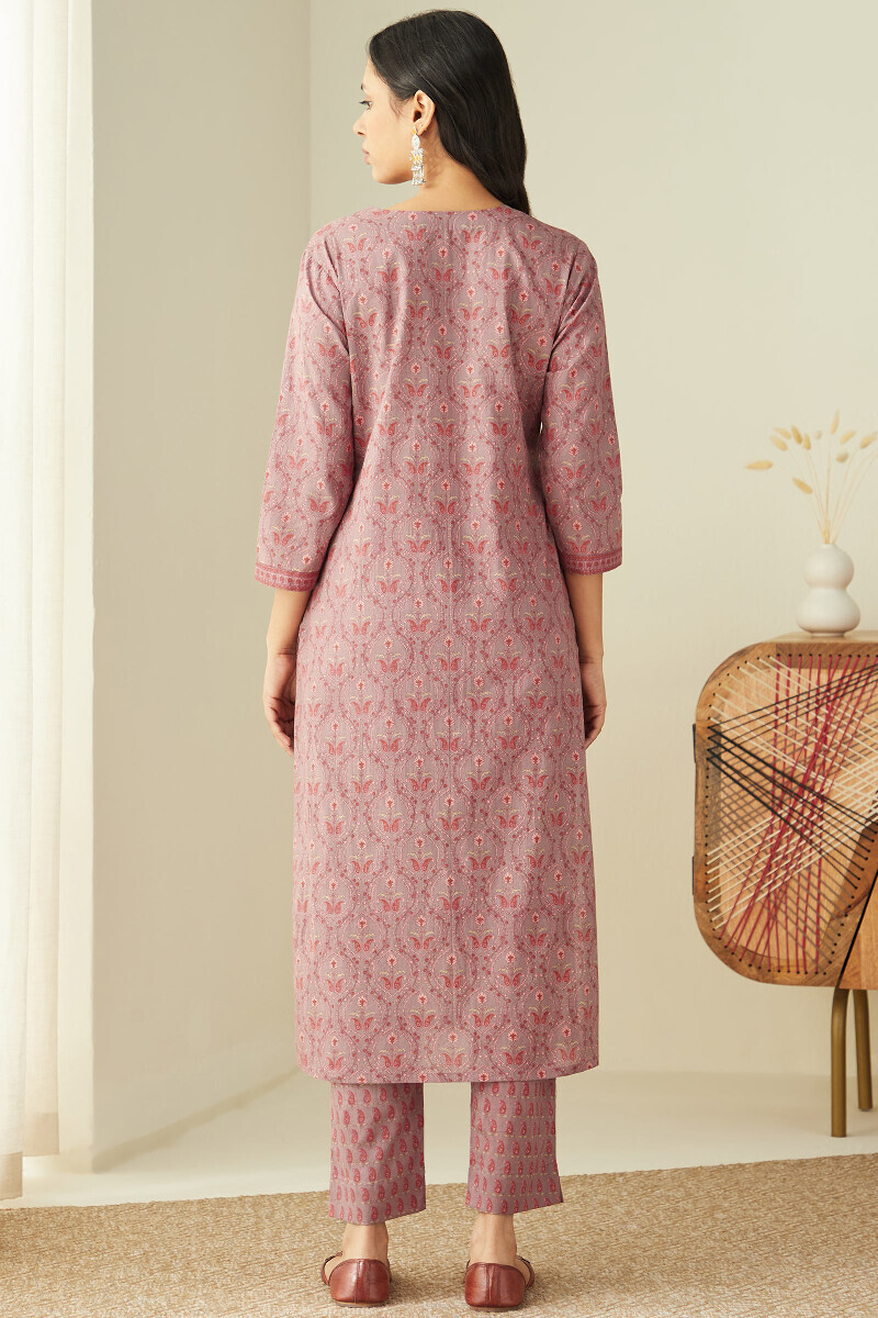 Mauve Hand Printed Straight Cotton Kurta