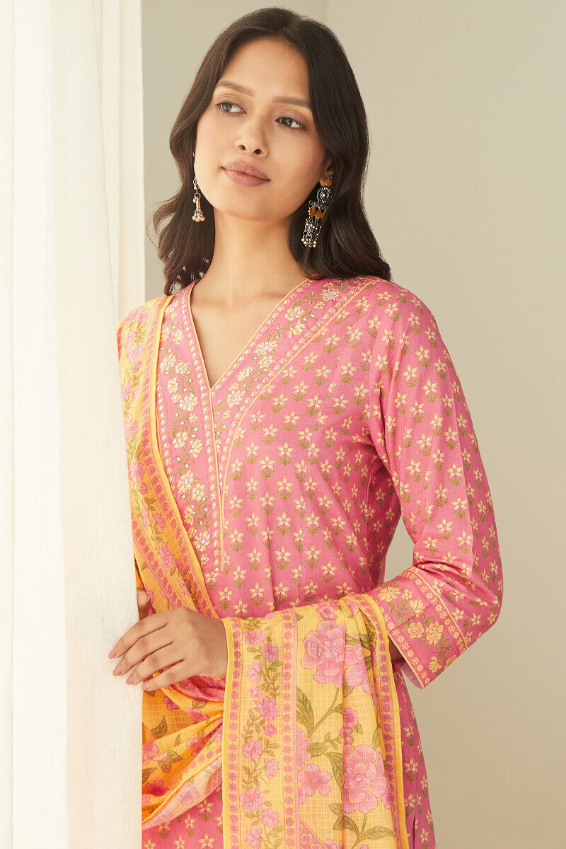 Pink Printed Straight Cotton Kurta