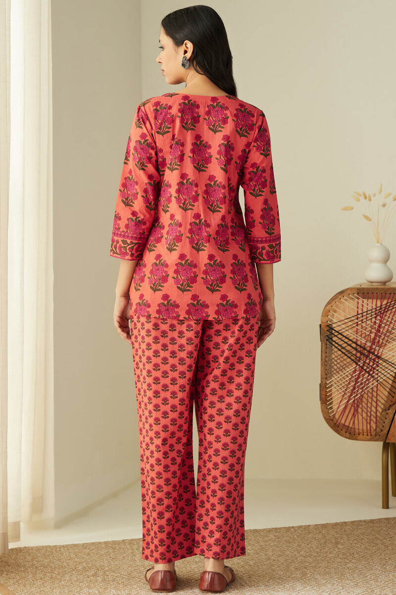 Orange Hand Printed Cotton Loungewear Set