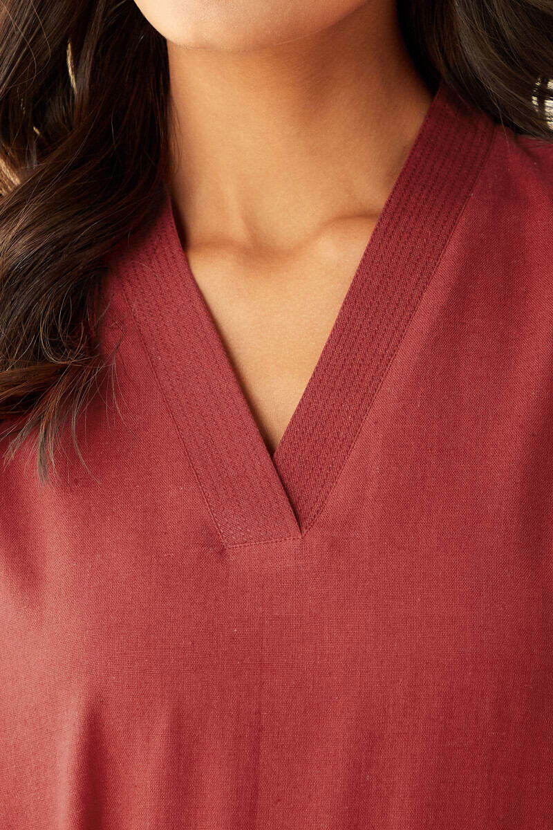 Crimson Red Handcrafted Straight Cotton Flax Kurta