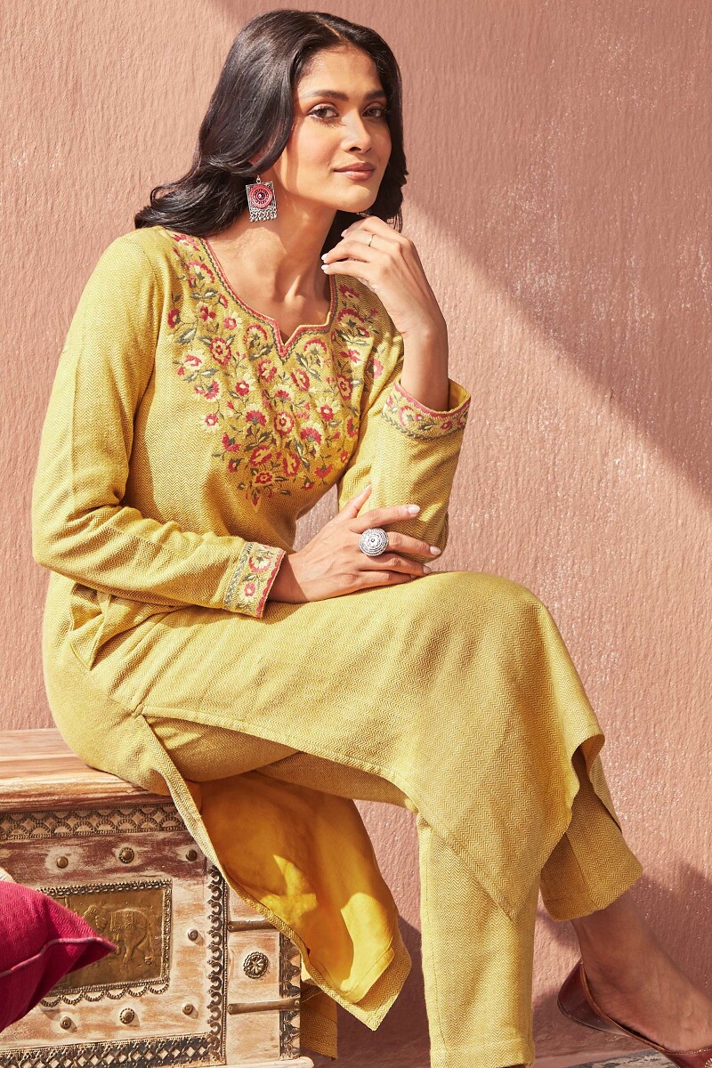 Yellow Handcrafted Straight Faux Wool Kurta