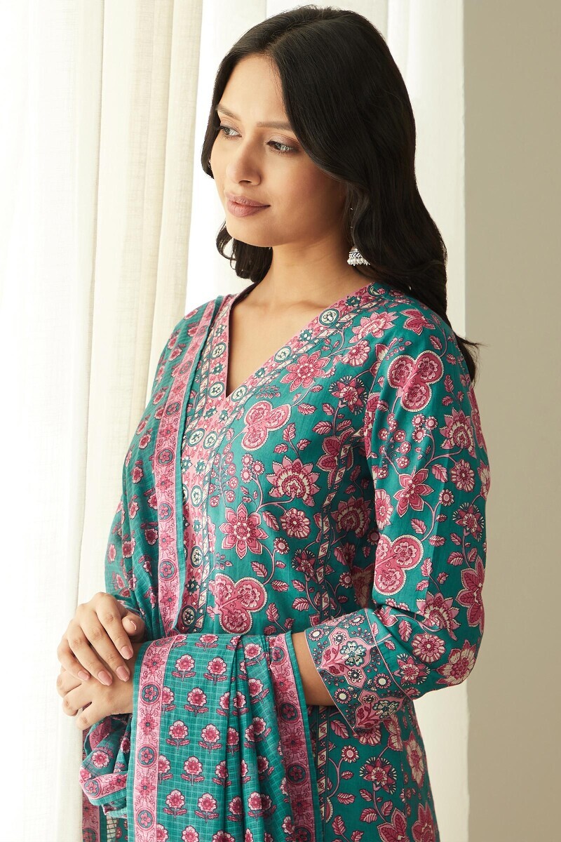 Green Hand Printed Straight Cotton Kurta