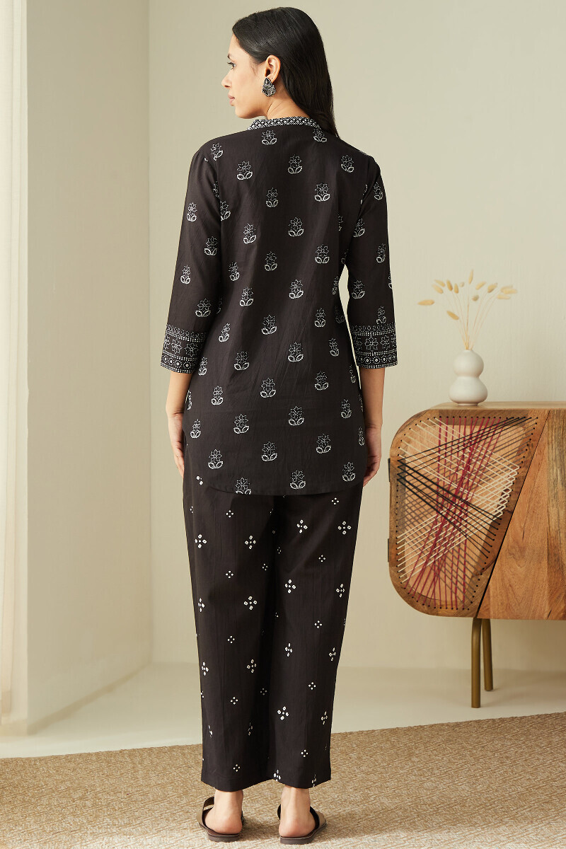 Black Hand Printed Cotton Loungewear Set