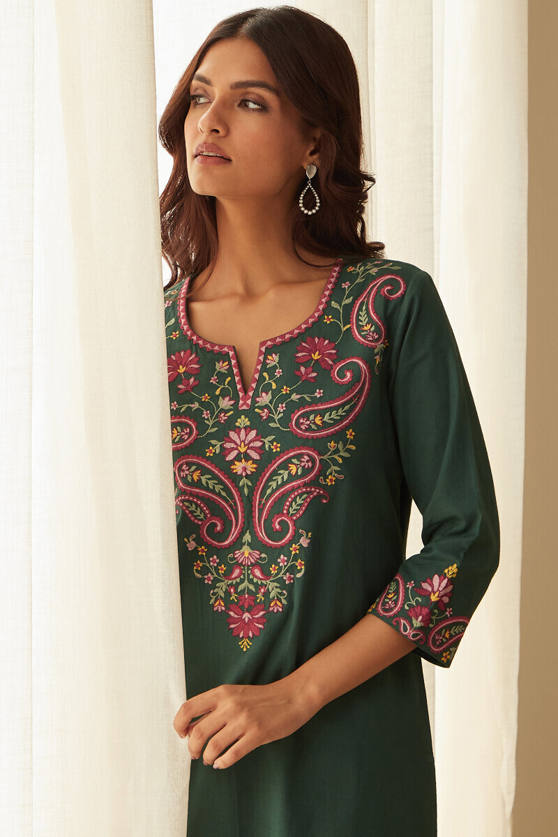 Green Handcrafted Straight Cotton Flax Kurta