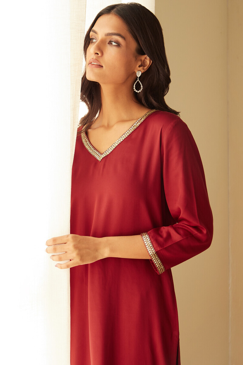 Red Handcrafted Straight Modal Satin Kurta