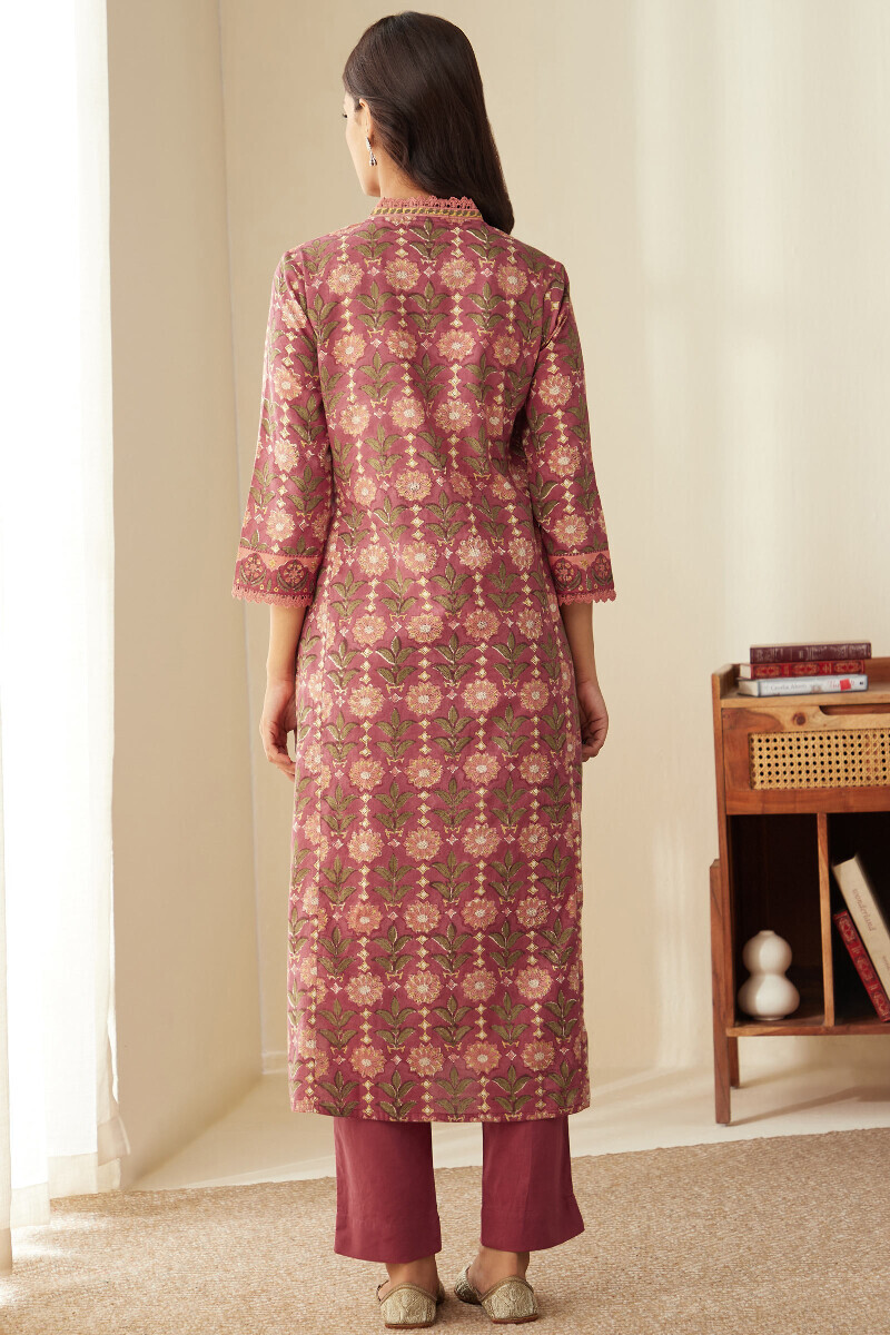Pink Hand Block-Printed Straight Cotton Kurta