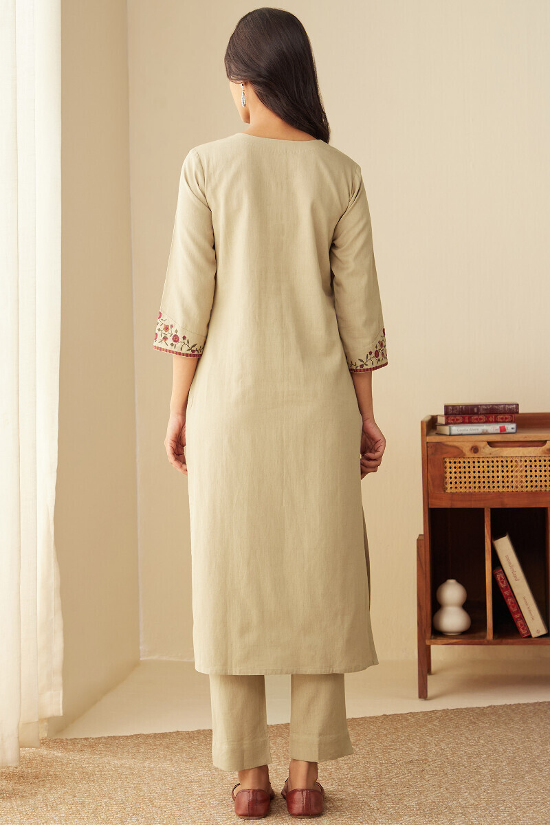 Beige Handcrafted Straight Cotton Flax Kurta