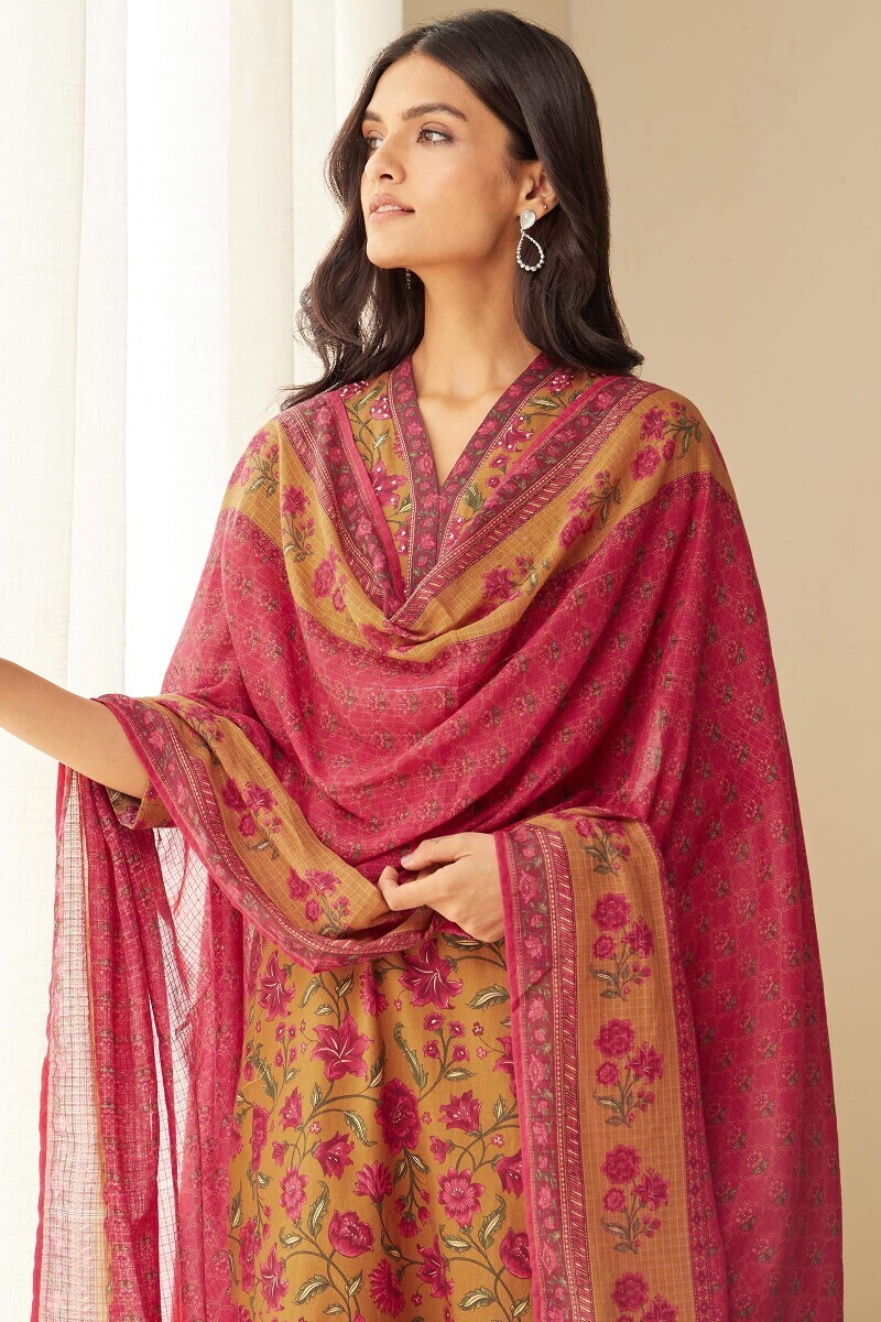 Mustard Printed Straight Cotton Kurta
